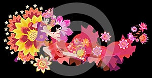 International Dance Day. Dancing couple, decorated fantasy flowers and paisley, isolated on black background. Carnival