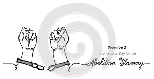 International Day for the Abolition of Slavery simple banner. Hands and broken chains, concept of freedom. One photo