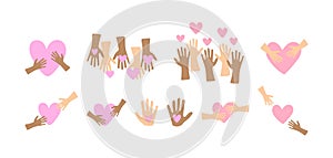 International Day of Charity illustrations set. Simple decorative elements for charity and help - hands with hearts
