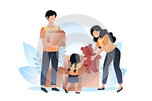 International day of charity. A woman gives a teddy bear to a child. Young man holding a box for charity. Vector illustration