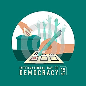 International day of democracy banner with Hand writing to vote cross on card and lowering the vote card and hands was raised sign photo