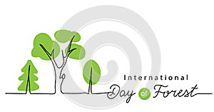 International Day of Forest vector background, banner, poster. Minimal one continuous line drawing of green trees