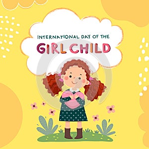 International Day of the girl child background with curly red hair little girl hugging heart