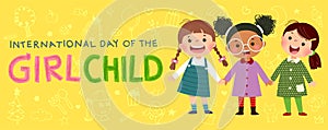 International Day of the girl child background with three little girls holding hands
