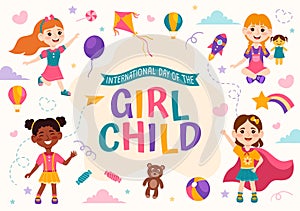 International Day of the Girl Child Vector Illustration with Little Girls for Awareness and Human Rights in Flat Kids Cartoon
