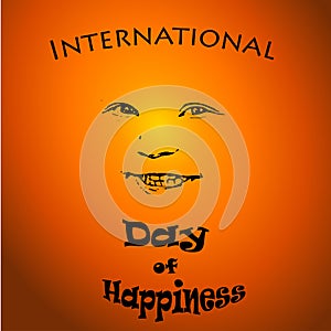 International Day of Happiness - vector concept illustration with smiley child on sunset background. For card, logo