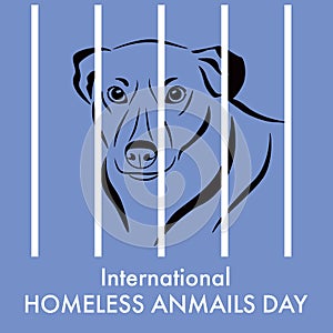 International day of homeless animals. Linear drawing of a sad dog behind bars