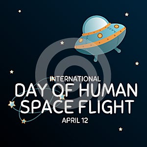 International day human space flight. 12 April Cosmonautics Day banner with rocket. Horizontal web banner.