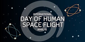 International day human space flight. 12 April Cosmonautics Day banner with rocket. Horizontal web banner.