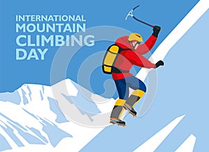 International day of mountain climbing. The climber crawls up the steep slope of the mountain
