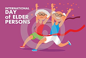 International Day of Older Persons.  The old couple cross the finish line and win the race