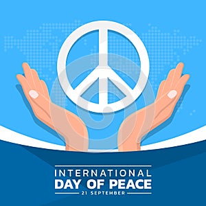 International day of peace banner with hand hold care circle peace sign and abstract dot world map texture blue background vector