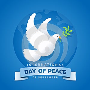 International day of peace banner with white dove with leaf on blue circle wolrd background vector design