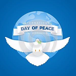 International day of peace banner with white dove with leaf are flying on blue circle wolrd background vector design