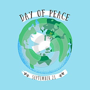 International day of peace card green planet with white dove symbol vector card