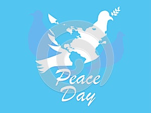 International Day of Peace. Greeting card with flying doves and continents of the planet earth. Vector