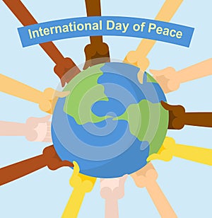 International day of peace. Hands of different nationalities hol