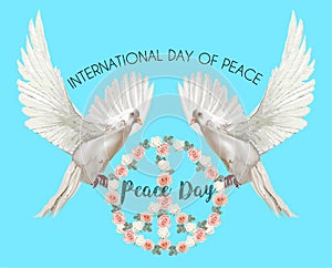 International Day of peace ,Pigeon with roses in peace sign shape vector illustration