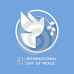 International day of peace - white dove holding olive branch in circle symbols on blue background vector Design