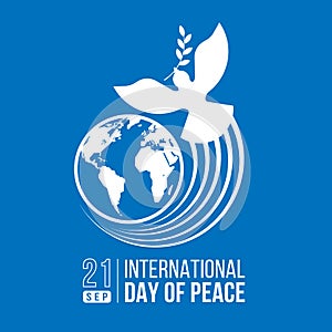 International day of peace - white dove of peace flying around circle wolrd globe sign on blue background vector design photo