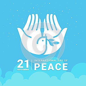 International day of peace - white hand making the form of dove hold leaf sign on sky vector design