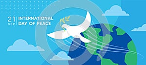 International day of peace The white peace dove flew from the globe on blue sky background vector Design