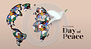 International day of peace world map, diverse people and dove symbol papercut card design