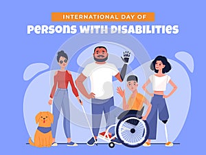 International day of persons with disabilities. Social poster, smiling people, wheelchair and prosthesis, blindness