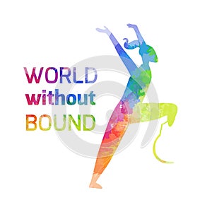 International Day of Persons with Disabilities. World without bounds. Sportswoman with prosthesis happy running. Girl silhouette