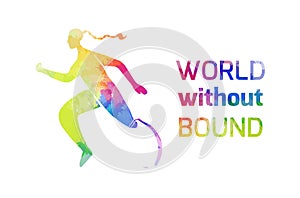 International Day of Persons with Disabilities. World without bounds. Sportswoman with prosthesis running sprint. Girl silhouette