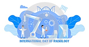 International day of radiology concept vector for medical website, app, blog. Tiny doctors make x-ray scanning. Ultrasound machine