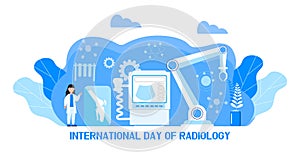 International day of radiology concept vector for medical website, app, blog. Tiny doctors make x-ray scanning. Ultrasound machine