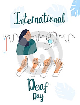 International Deaf day 23 september line art vector illustration. Hearing disability concept.