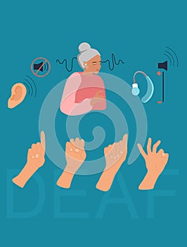 International Deaf day flat vector illustration.Old deaf woman with hearing aid.Sign language communication.