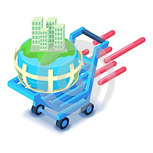 International delivery icon isometric vector. City on globe grid in shop cart