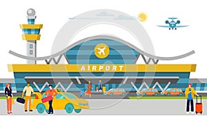 International and domestic airport concept banner, visitor male female character order taxi car flat vector illustration