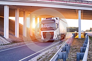 An international driver is carrying goods on a wagon under a bridge. Trucker work concept, work and rest mode, job vacancies,