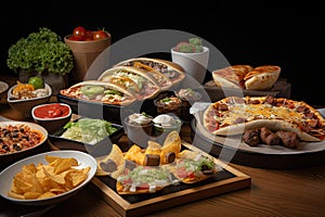 international fast food chain with various dishes on display, including pizza, sushi rolls, and burritos