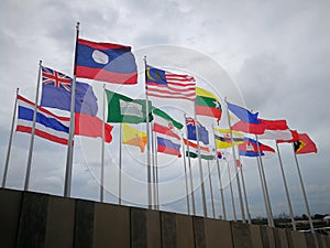 International flags of Asia in the sky, beautiful, with clouds.