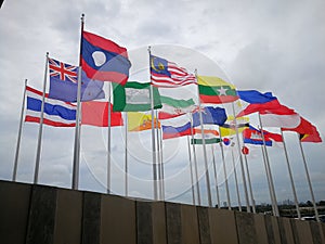 International flags of Asia in the sky, beautiful, with clouds.