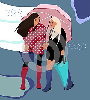 International Friendship Day.Two pretty girls walking in the rain under one umbrella, hold hands. Autumn Vector