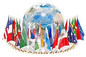 International global communication concept with flags around the