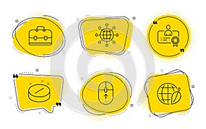 International globe, Portfolio and Swipe up icons set. Certificate, Medical tablet and Environment day signs. Vector