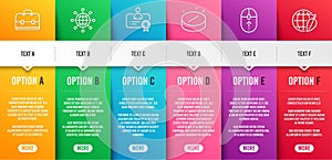 International globe, Portfolio and Swipe up icons set. Certificate, Medical tablet and Environment day signs. Vector