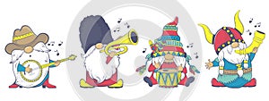 The International Gnome Band clipart. Musical Gnomes in National Costumes