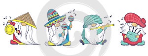 The International Gnome Band clipart. Musical Gnomes in National Costumes