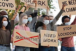 International group of people in face masks protesting against quarantine