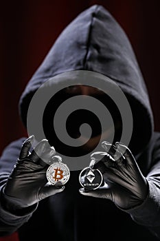 International hacker is trying to steel your crypto currencys. Blockchain security. Thief with laptop is hacking government