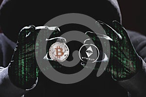 International hacker is trying to steel your crypto currencys. Blockchain security. Thief with laptop is hacking government