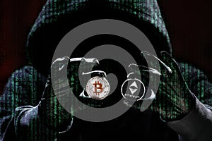 International hacker is trying to steel your crypto currencys. Blockchain security. Thief with laptop is hacking government